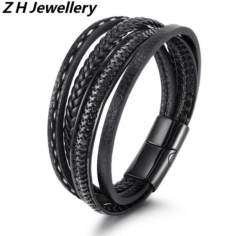 [Z H Perhiasan] Hip Hop Rock Retro Pria Fashion Multi Layer Gelang Kulit Pesta Perhiasan Aksesoris 19CM/21CM/23CM