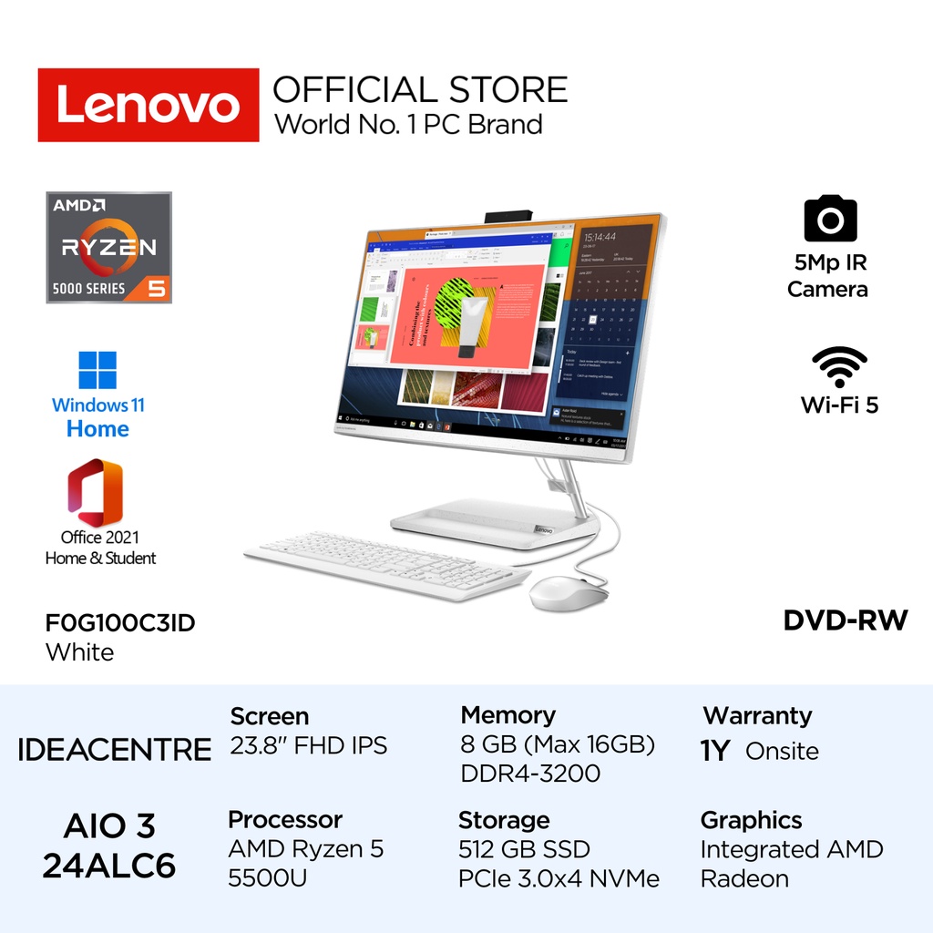 Lenovo PC IdeaCentre AIO 3 24ALC6 AMD Ryzen 5 5500U Win11 Home 8GB 512GB SSD 23.8" FHD IPS Integrate