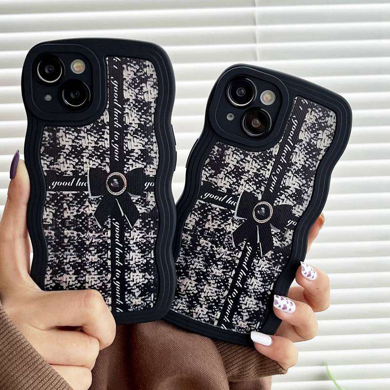 Houndstooth Bowknot Wave Soft Case iP iPhone 6 6S 7 8 14 + Plus SE 2020 X XR XS Max 11 12 13 Pro Max Black Casing Apple