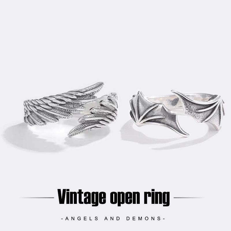 COD❤️Cincin Model Terbuka Desain Sayap Malaikat Demons Gaya Vintage Untuk Pasangan Pria Dan Wanita -A.one