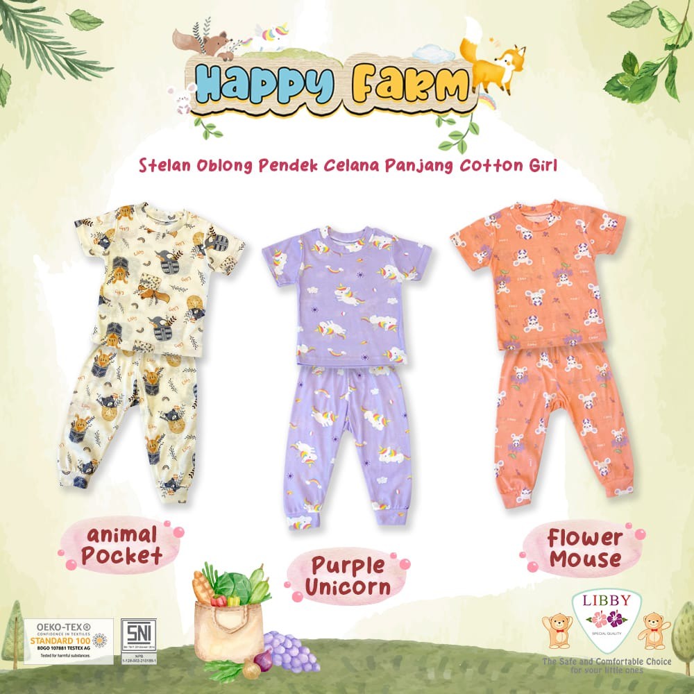 Libby Happy Farm | Setelan Baju Pendek + Celana Panjang Cotton | Girl