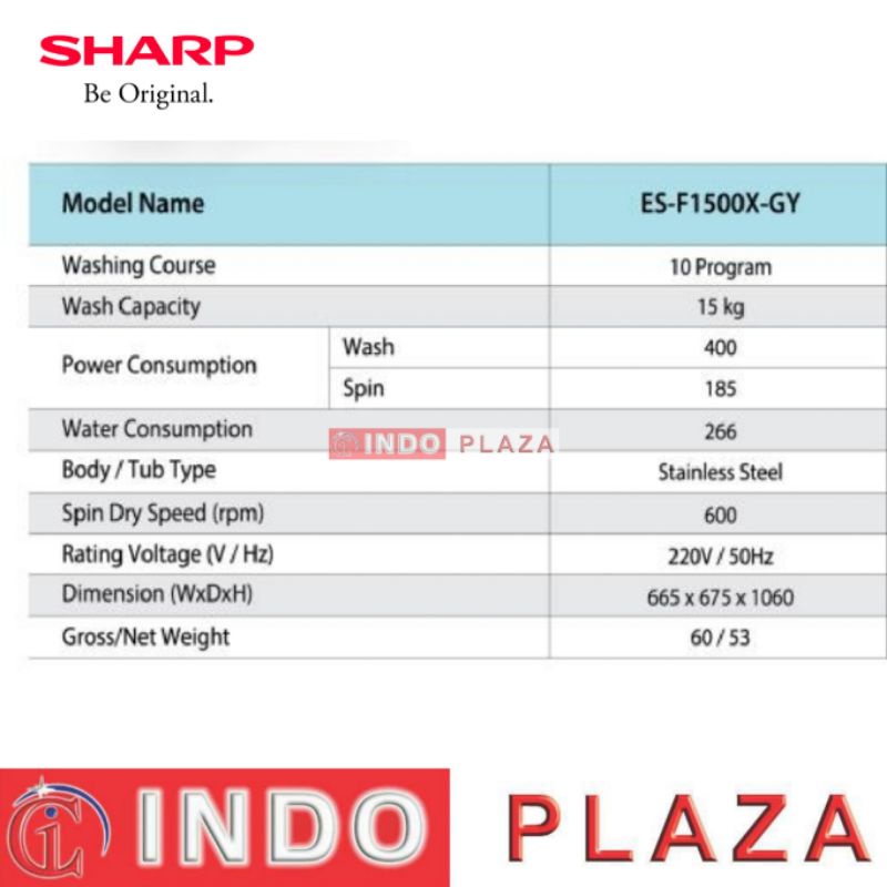 MESIN CUCI SHARP 1 Tabung 15 Kg / 15Kg ES-F1500X-GY INVERTER