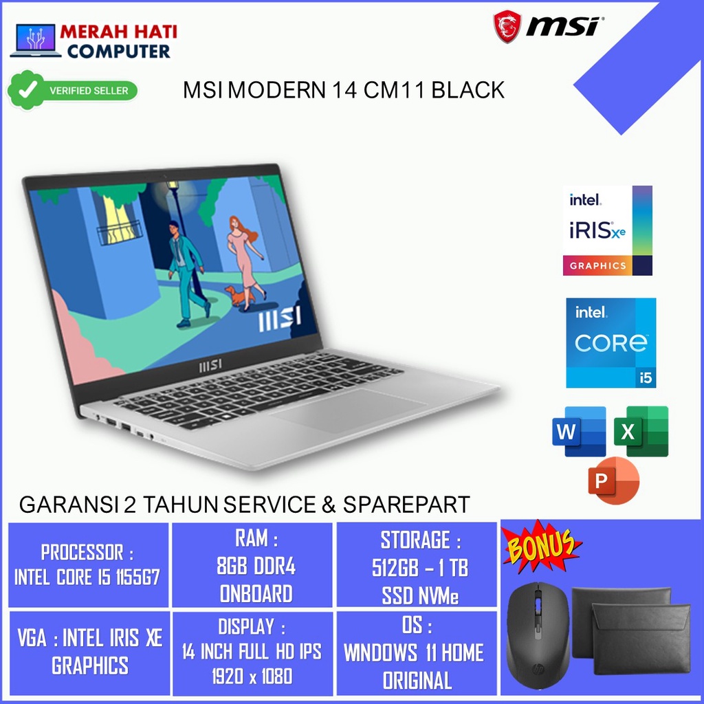 Laptop Baru MSI Modern 14 CM11 Intel Core i5 1155G7 RAM 8GB SSD 512GB FHD IPS Windows 11 Original bergaransi