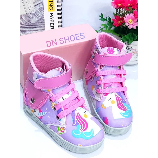 Sepatu Anak Perempuan Boots Anak Perempuan Sepatu Boot anak Sepatu Tali Anak Karakter Unicorn Ungu Cute