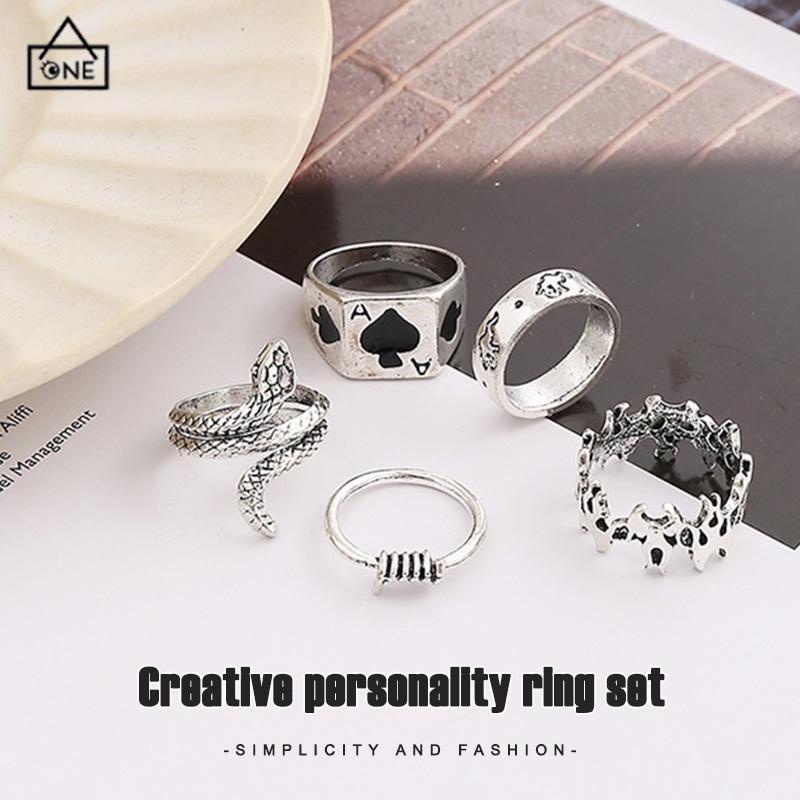 COD❤️9pcs/set Tengkorak Vintage Retro Sword Ring Hip Hop Punk Silvermetal Ring Set