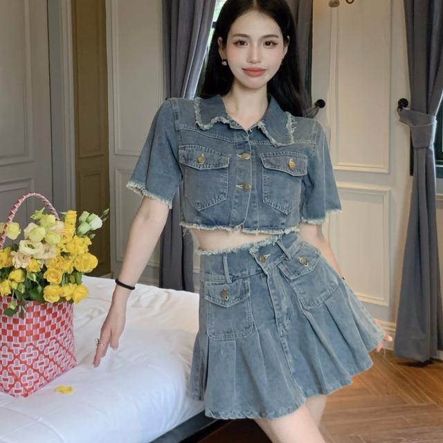 Suhao High-End Manis dan Pedas Goreng Street Denim Suit Musim Panas Wanita One-Piece Retro Lengan Pendek atasan dan Rok Dua Potong Set