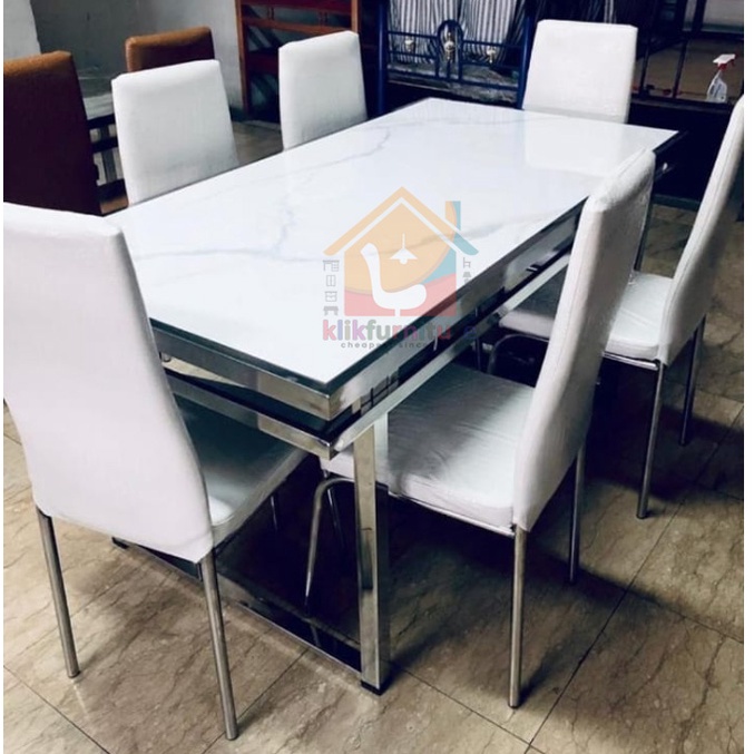 Set Meja Makan 6 Kursi Marmer Rangka Besi Stainless