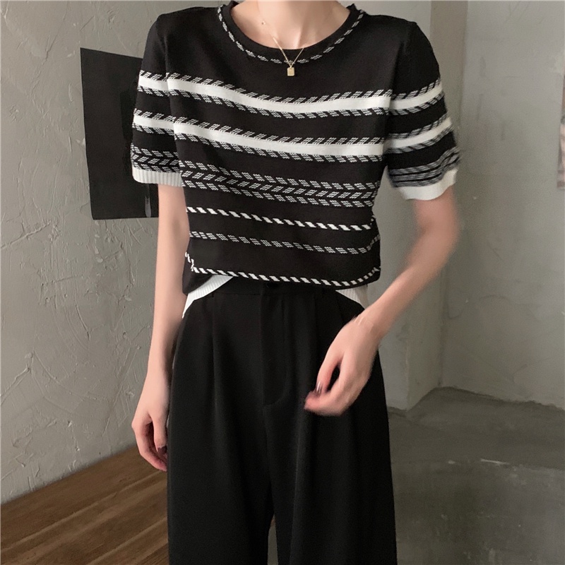 korean style stripe import kekinian kaos Lengan pendek Knit/baju atasan wanita