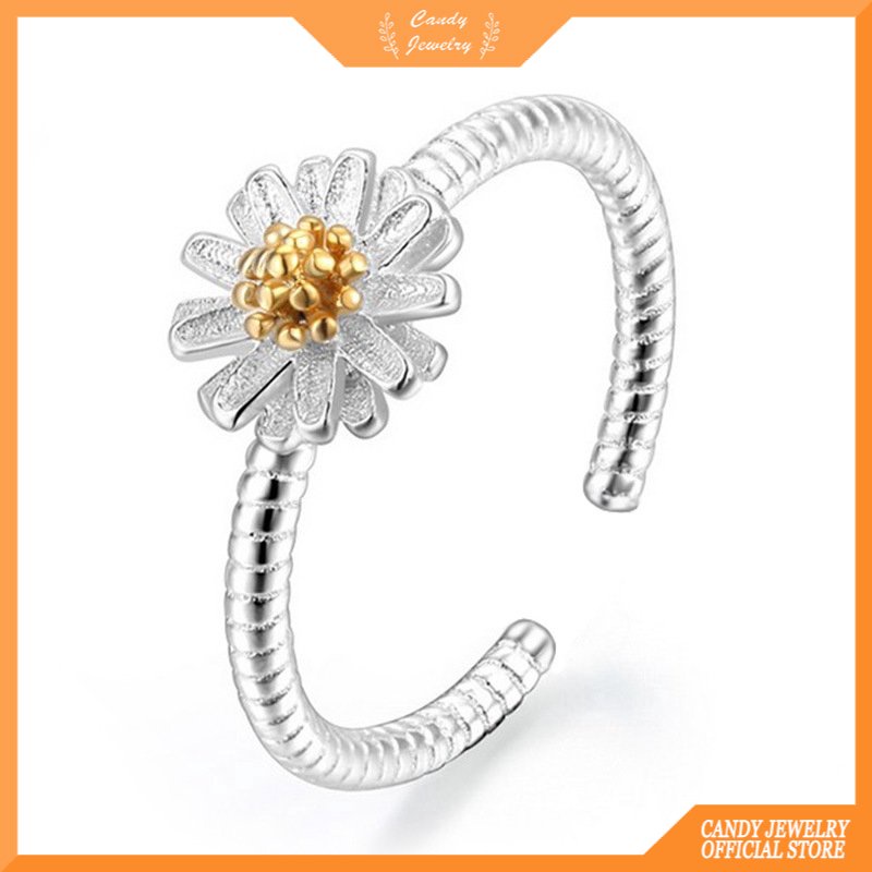 Indah Cincin Pembukaan Perak Fashion Daisy Silver Pembukaan Cincin Trendi Bunga Adjustable Jari Cincin Wanita Permen Perhiasan