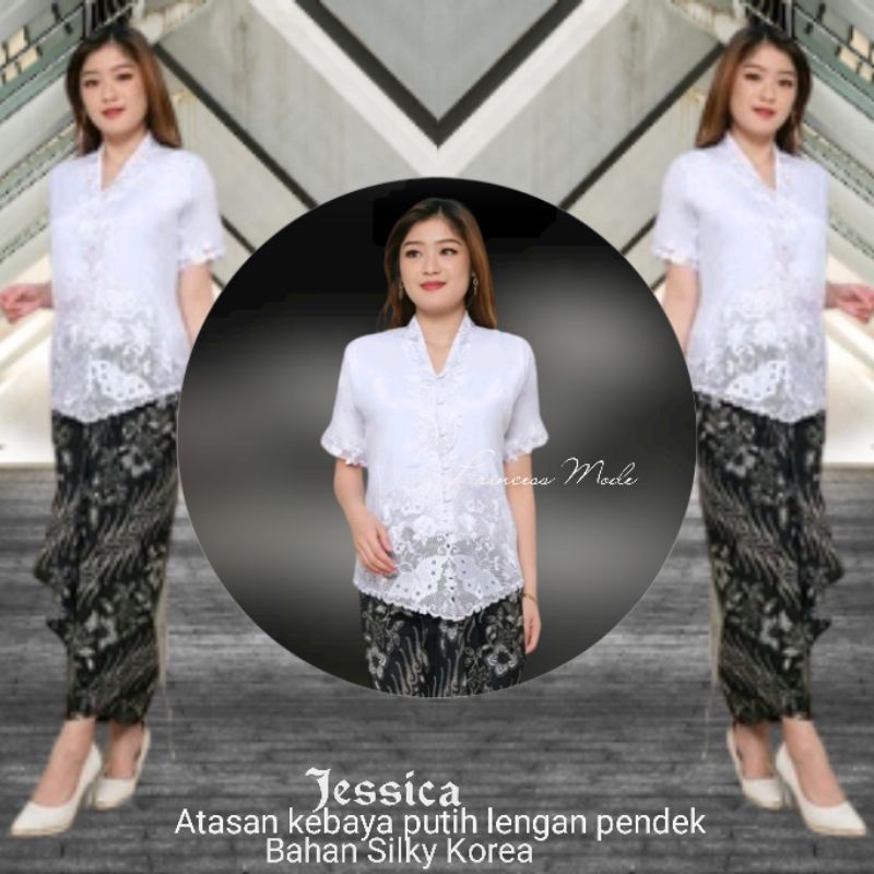 Atasan Kebaya Encim Bali Senada Modern Putih Lengan Pendek Brukat Bordir