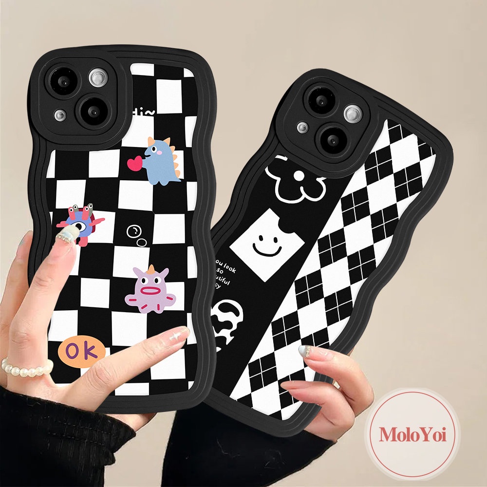 IPHONE Case Monster Kecil Kompatibel Untuk Iphone11 14 13 12 Pro Max 6 6s 8 7 Plus 14 Plus XR X XS Max SE 2020 Wavy Edge Kartun Diamond Grid Papan Catur Soft TPU Cover