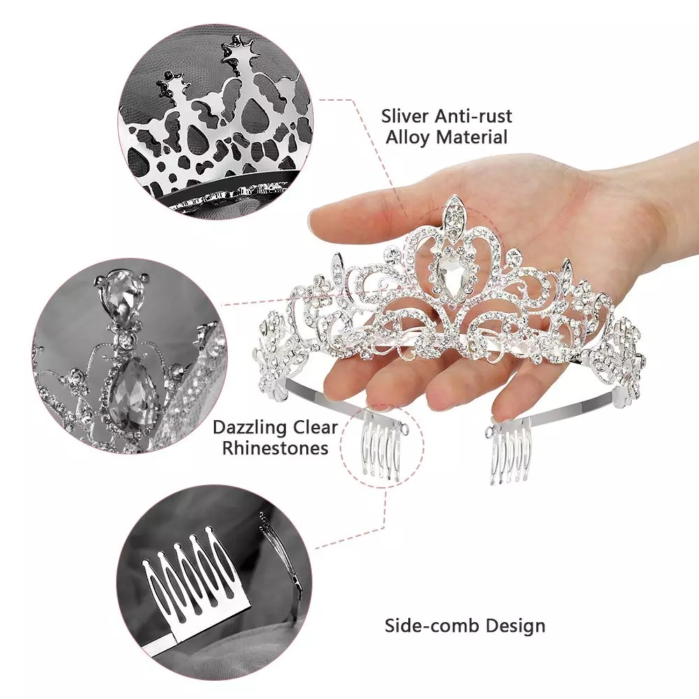 [HOT Sale] Gadis Aksesoris Rambut Non-slip Pesta Ulang Tahun Untuk Pengantin Pernikahan Bridesmaid Wanita Mahkota Dengan Sisir Queen Princess Wanita Vintage Berlian Imitasi Bando Kristal Hiasan Kepala