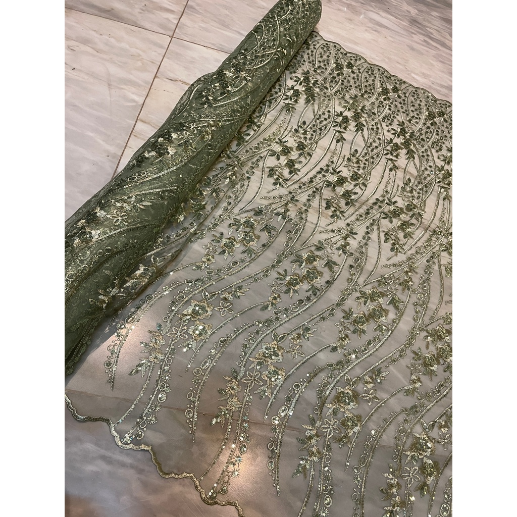 Bahan Kain Brokat Brukat Tile Bordir Payet Elizabeth Motif 3 Warna Sage Green