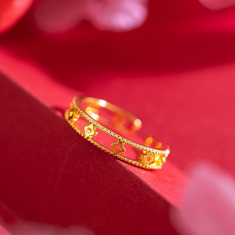 Goldkingdom Perhiasan Fashion Emas Asli Kadar 375 Bangkok Aksesoris Ready Stock Ins Four-leaf Clovers Interlocking Couples with Adjustable Rings Untuk Pria Dan Wanita