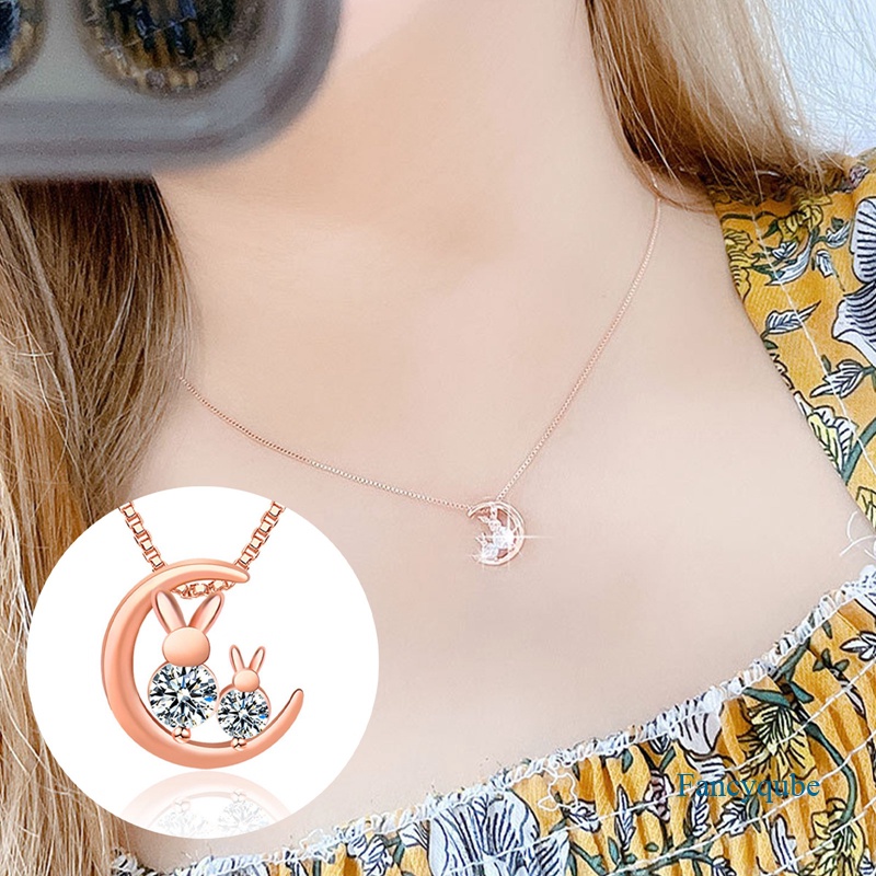 Fancyqube 1 Pcs Kreatif Bulan Kelinci Liontin Kalung Lucu Wanita Hewan Tulang Selangka Rantai Aksesoris Fashion Perhiasan Gadis Hadiah