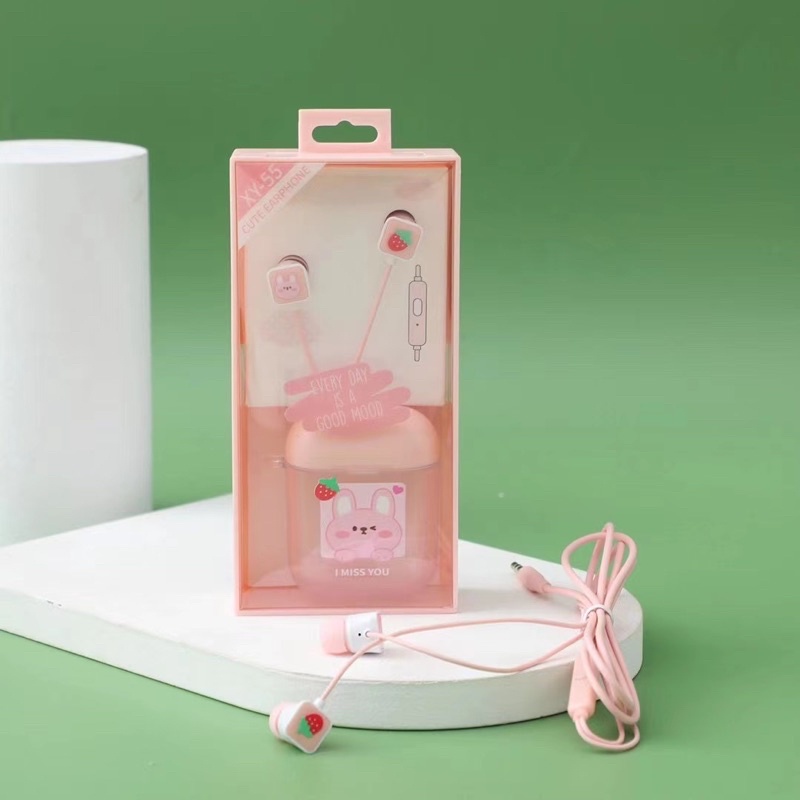[ XY 55 ] Set Headset Earphone karakter motif Every day is a good mood PLUS Wadah penyimpanan Earphone Motif