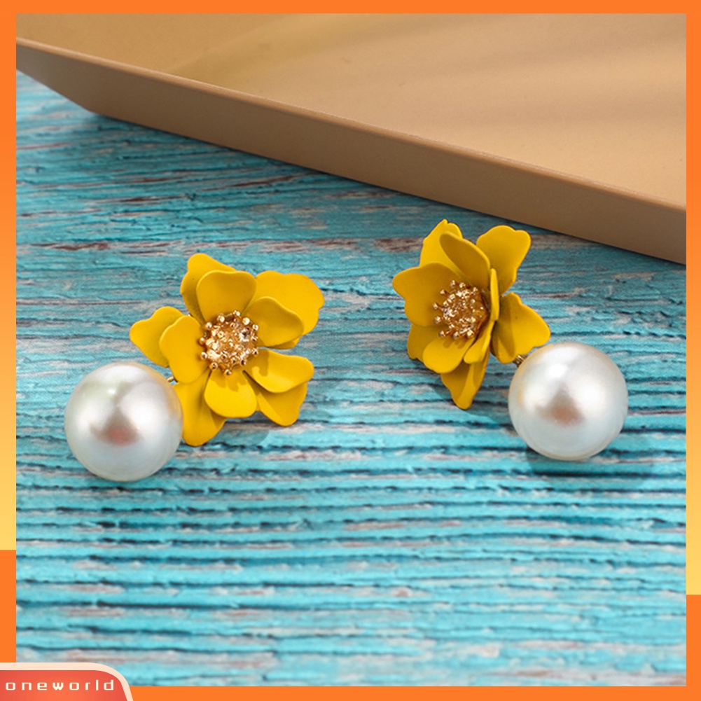 OW@ Women Fashion Flower Faux Pearl Pendant Ear Studs Party Earrings Jewelry Gift