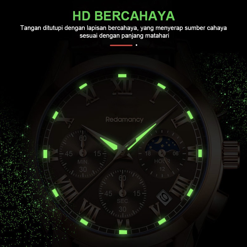 Redamancy Jam Tangan Pria Original Anti Air Kulit Tahan  Hitam Coklat Luxury Chronograph Watch Men Multifungsi