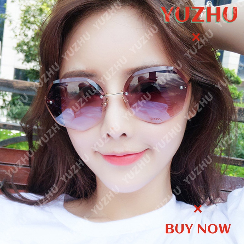 (YUZHU) Korea Fashion Tanpa Bingkai Kacamata Poligonal Wanita Oversized Frame Gradient Sunglasses