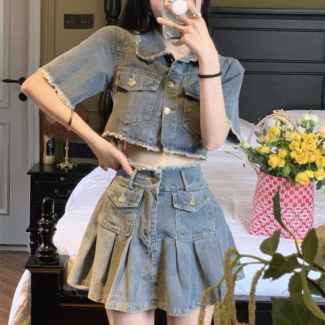 Suhao High-End Manis dan Pedas Goreng Street Denim Suit Musim Panas Wanita One-Piece Retro Lengan Pendek atasan dan Rok Dua Potong Set