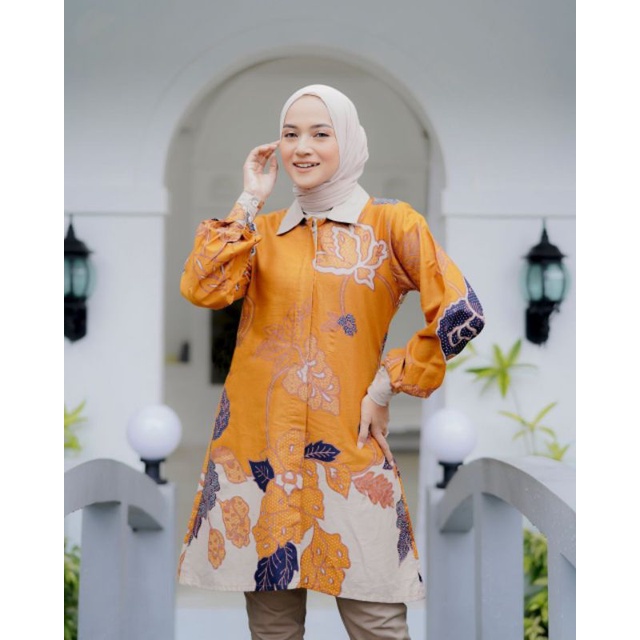 tunik batik pola bunga kuning original Arta batik super seragam kerja kantor batik busui kancing dep