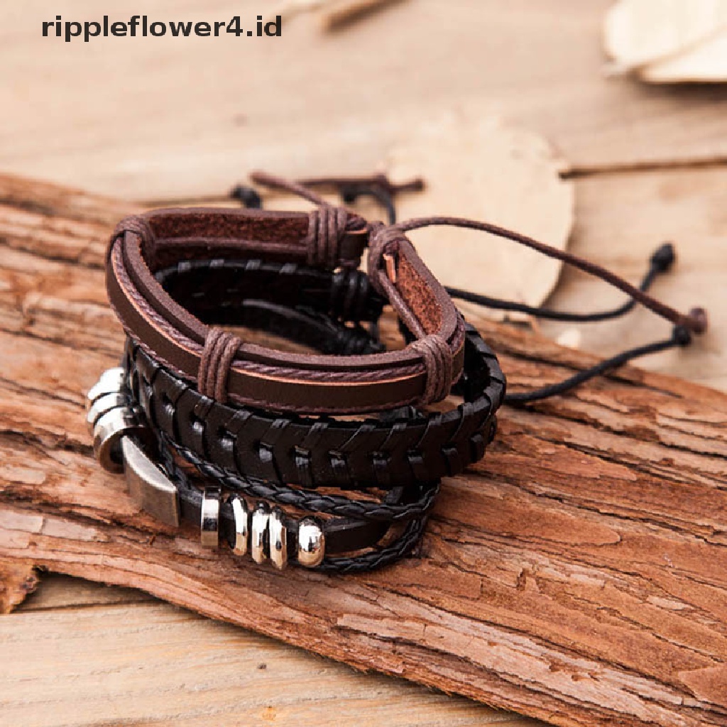{rippleflower4.id} 6pcs/set Vintage Pria Gelang Multilayer Tali Kulit Wax Rope Braided Bracelet~