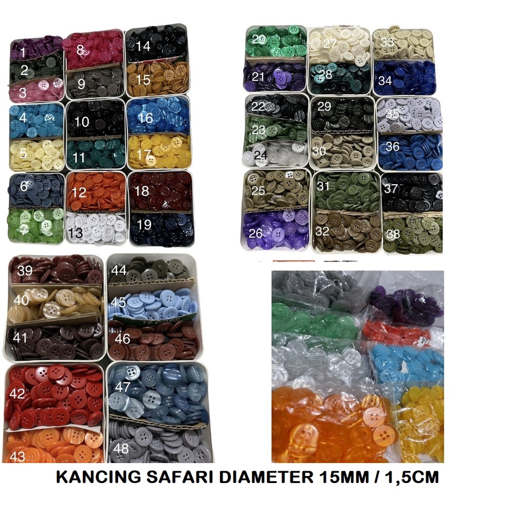 Kancing Safari 15mm , 1.5 cm isi 144pcs / kancing baju 4lobang 15mm 1,5cm 24L