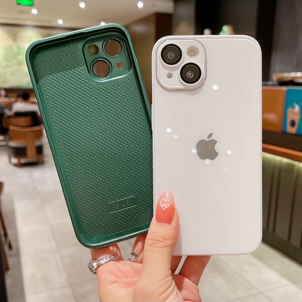 IPHONE Casing 9H Tempered Glass Phone Case Untuk Iphone13 14 Pro Max 11 12 Pro Max Case Warna Macaron Case Silikon Cair Untuk Iphone14Plus Casing Tahan Guncangan
