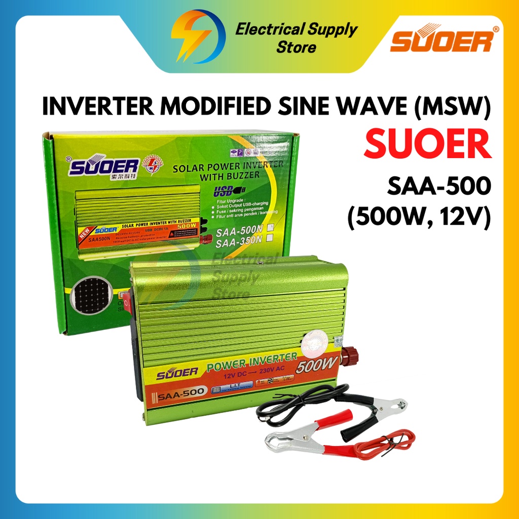 SOLAR POWER INVERTER WITH BUZZER SUOER 500 WATT AC TO DC 12V TO 220V SAA-500N SAA-500W KEMASAN BARU