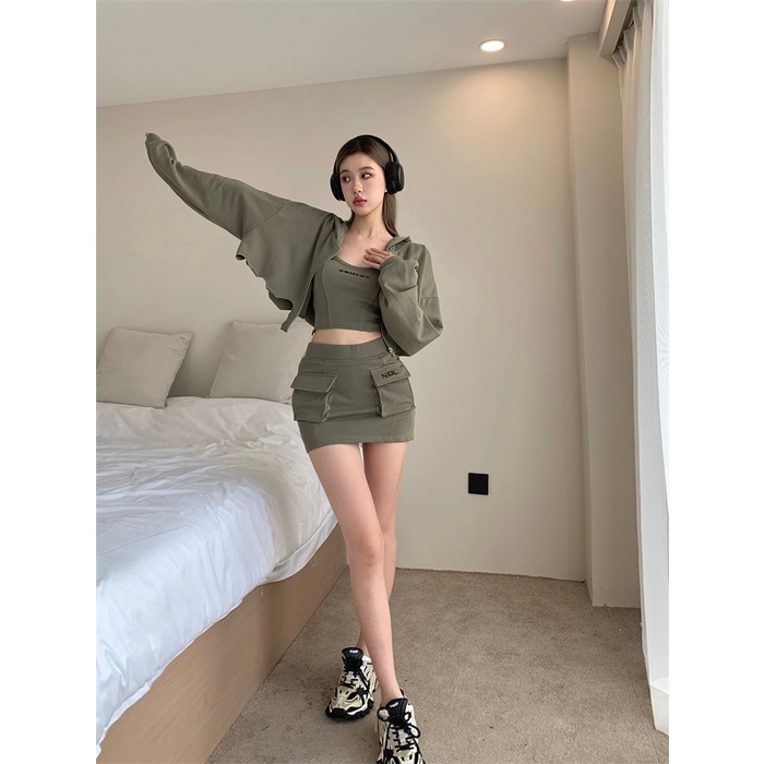 ❒☁☄Suhao Malas Style Hooded Sweater Wanita In Trendi Musim Gugur Retro Lengan Panjang Ritsleting Longgar Temperamen Mantel Pendek Top