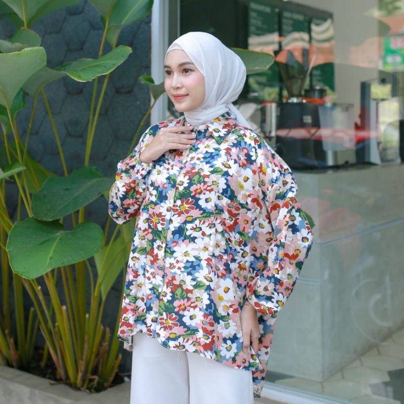 Oversize Atasan Kemeja Jumbo Wanita Lengan Balon Karet Bahan Rayon Viscose