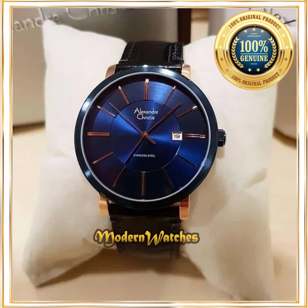 Jam Tangan Ori Pria Alexandre Christie AC 8344 Blue Rosegold Black Tali Kulit Hitam Biru Alexander