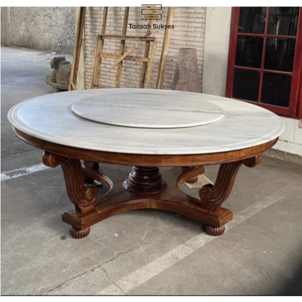 MEJA MAKAN MARMER BUNDAR PUTAR KAKI KAYU JATI UKIRAN CUSTOM D120 CM BERKUALITAS BEST SELLER