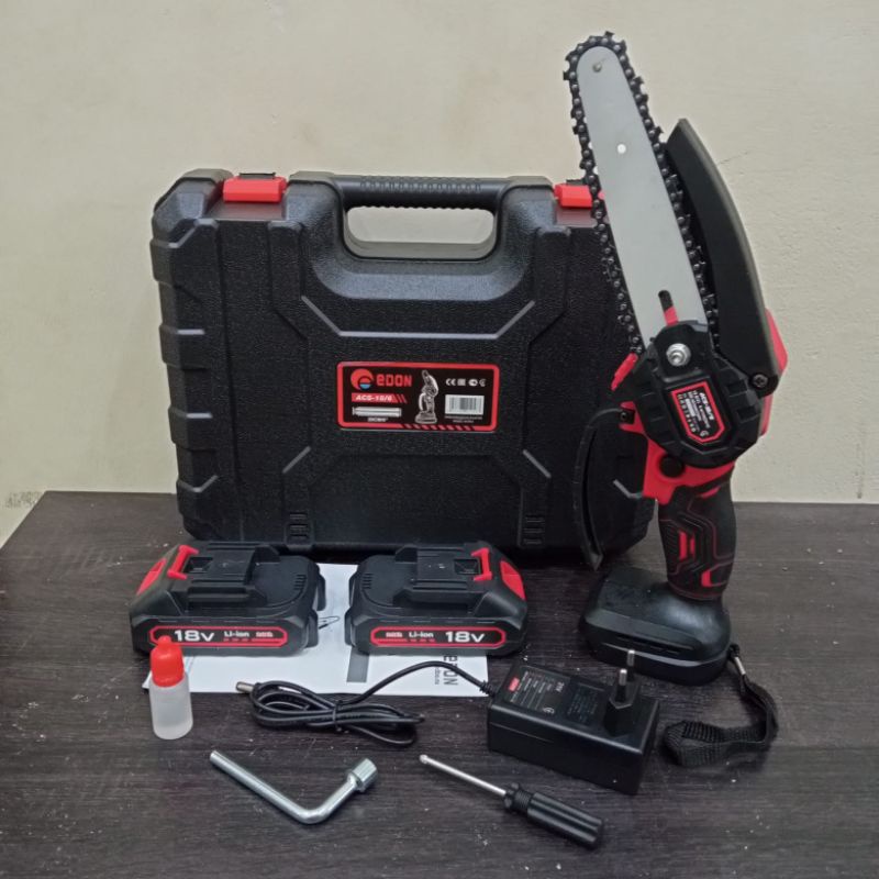 MESIN CHAINSAW BATERAI 18V EDON MINI CHAINSAW CORDLESS 4"6" GERGAJI POTONG KAYU 4/6 INCH BATERAI EDO
