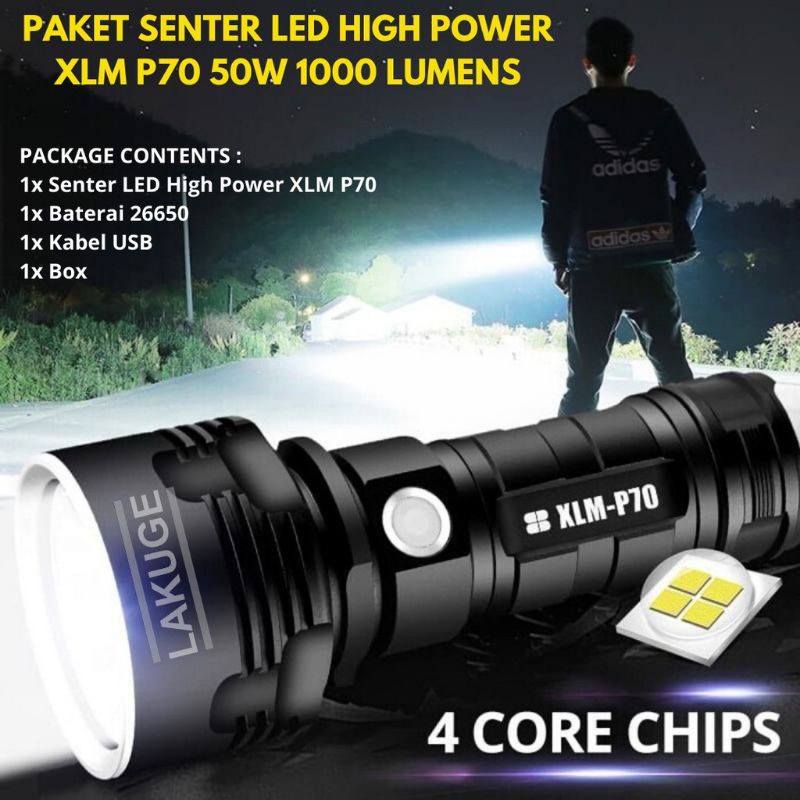 Senter LED USB Recharge P70 50W 1000 Lumens with 26650 Battery With 26650 Battery