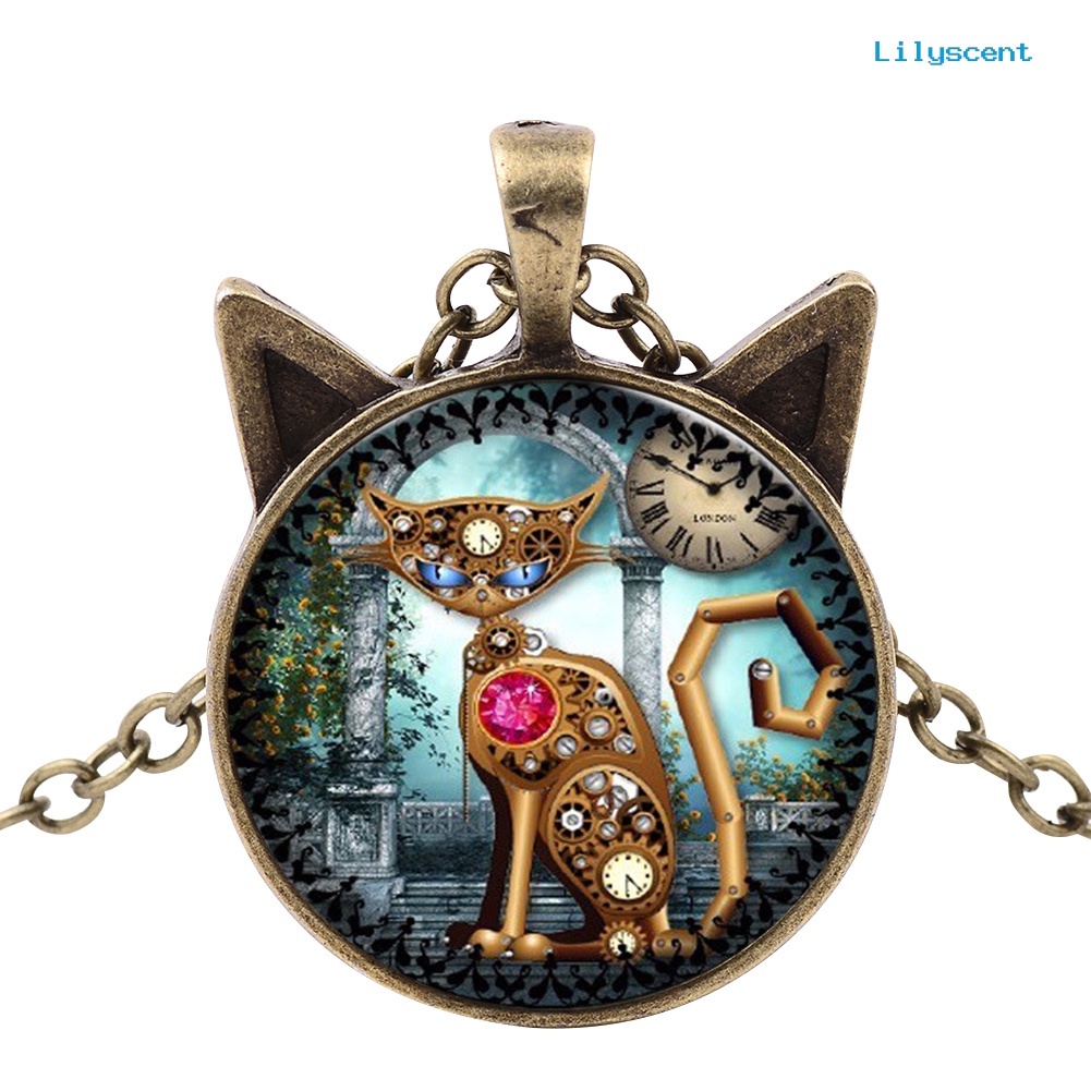 [LS] Unisex Kucing Kaca Cabochon Liontin Vintage Perhiasan Rantai Kalung Hadiah