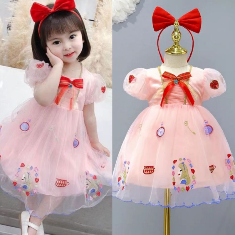 (2-6th) Dress anak import pink bordir alice / gaun pesta anak impor lengan balon
