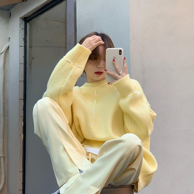 Suhao setelan one-piece Desain retro yang chic sweater kuning angsa tebal + celana kasual pinggang elastis celana celah