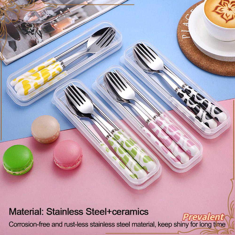 Preva Cutlery Set Anak Motif Sapi Stainless Steel Gagang Keramik Set Alat Makan