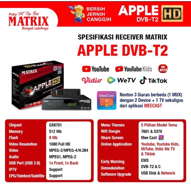 STB Set Top Box Dcolor Matrix Apple Merah DVB T2 HDTV VDR TV MediaDigital Video Broadcasting Terrestrial Receiver