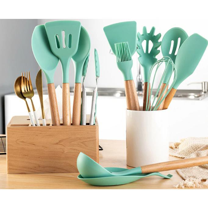PRODUK BARU CJ-1 Sutil Silicone Set 12IN1 Kitchen Utensil Set Sodet Spatula Silikon Tahan Panas Gagang Kayu
