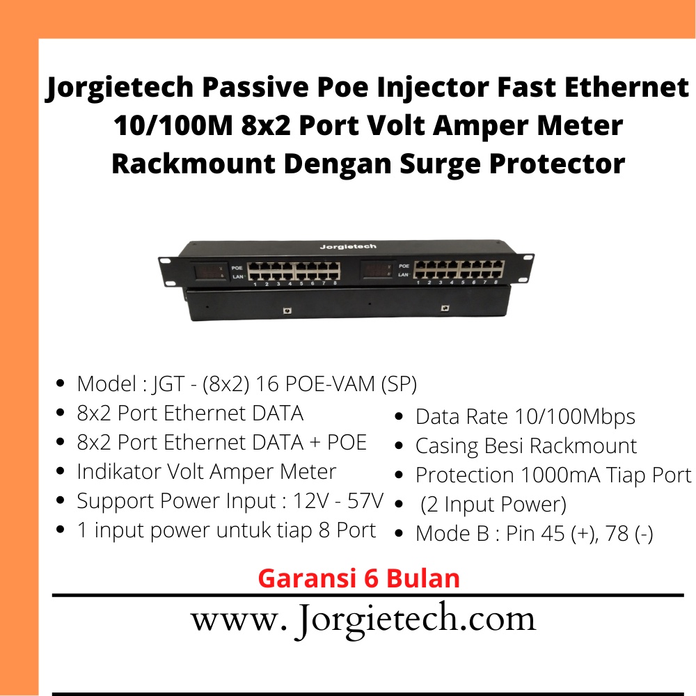 Jual Jorgietech Poe Injector Rackmount 10/100M / Gigabit Volt Amper ...