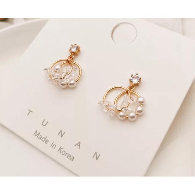 Anting perak jarum kristal mutiara model korea