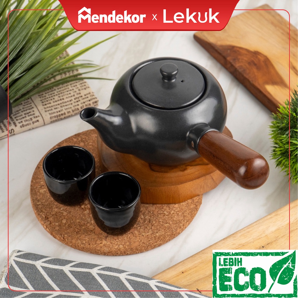 Teko gelas cangkir mug keramik gagang kayu kopi teh unik premium hitam pottery | MENDEKOR LEKUK Dado