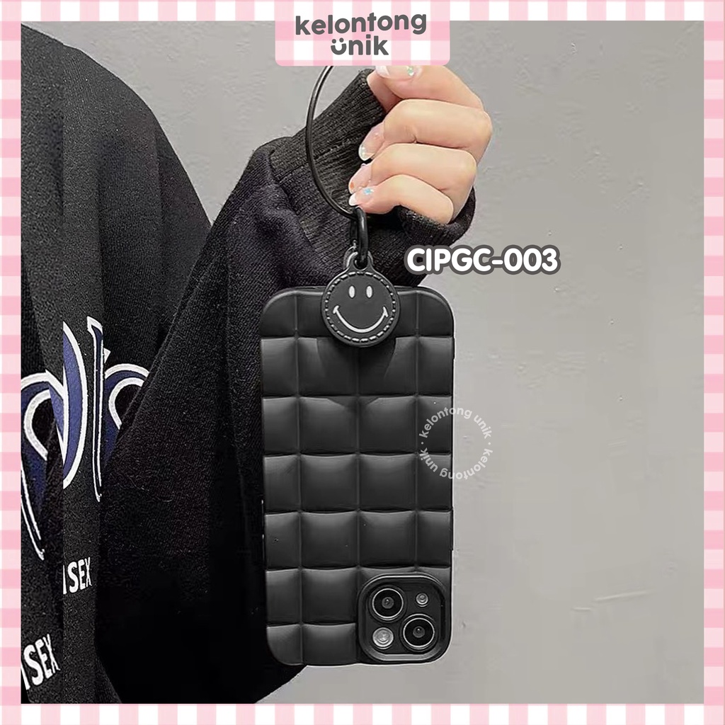 (Seri 2) For iPhone - Waffle Silicone Case/ Puffy Grid Case with Smiley Metal Charm