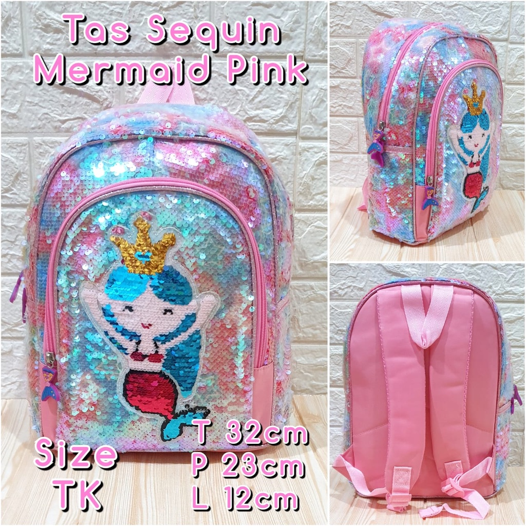 Tas Sekolah Ransel Anak TK dan SD Motif Sequin Oval gambar LOL dan Mermaid Backpack Anak Perempuan Import