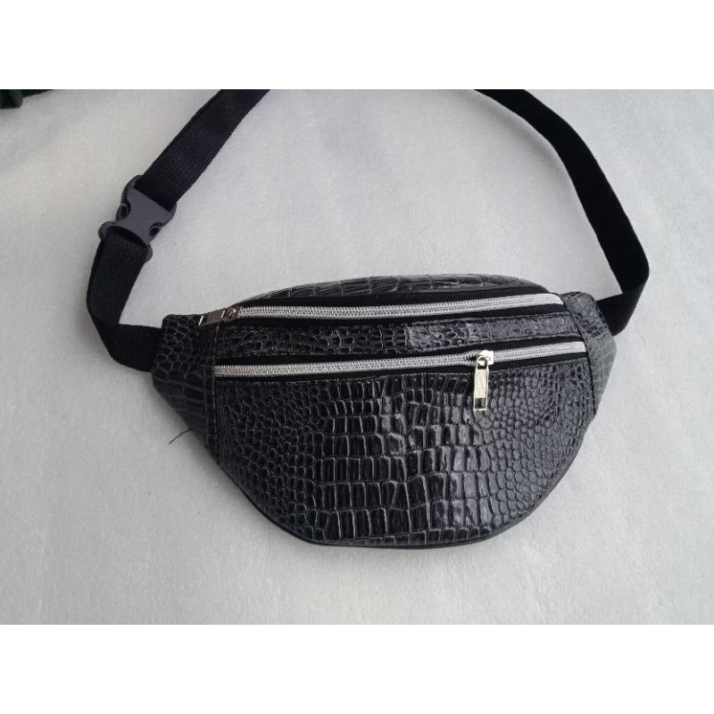 Waistbag crocodile  Zipper silver WBC S tas pinggang kulit buaya