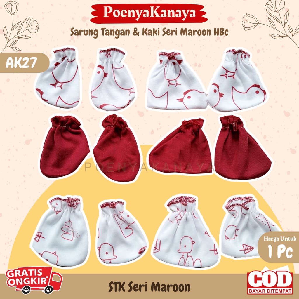 3set/1set Sarung Tangan &amp; kaki Katun Bayi Mitten Sartaki Seri MAROON HBc AK27