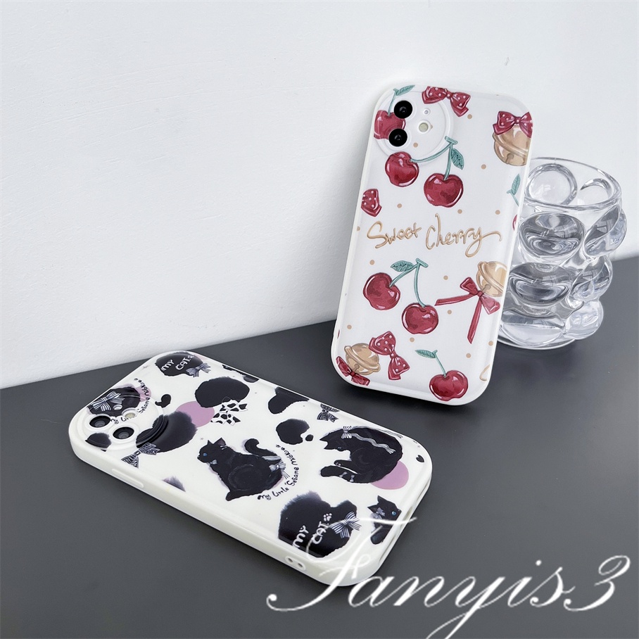 Redmi 10C 10A 10 9 9A 9C 9T Note 11 Pro+ 11s 11 10s 10 9s 9 8 Pro Poco X4Pro X3Pro Mi 11 Lite 11T 10TPro 12Pro Sweet Cherry Black Cat Phone Case TPU Soft Cover Pelindung