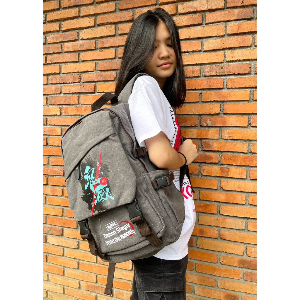 Bagpack Demon Slayer Canvas Grey Anime Manga Kimetsu No Yaiba Tas Sekolah Wibu